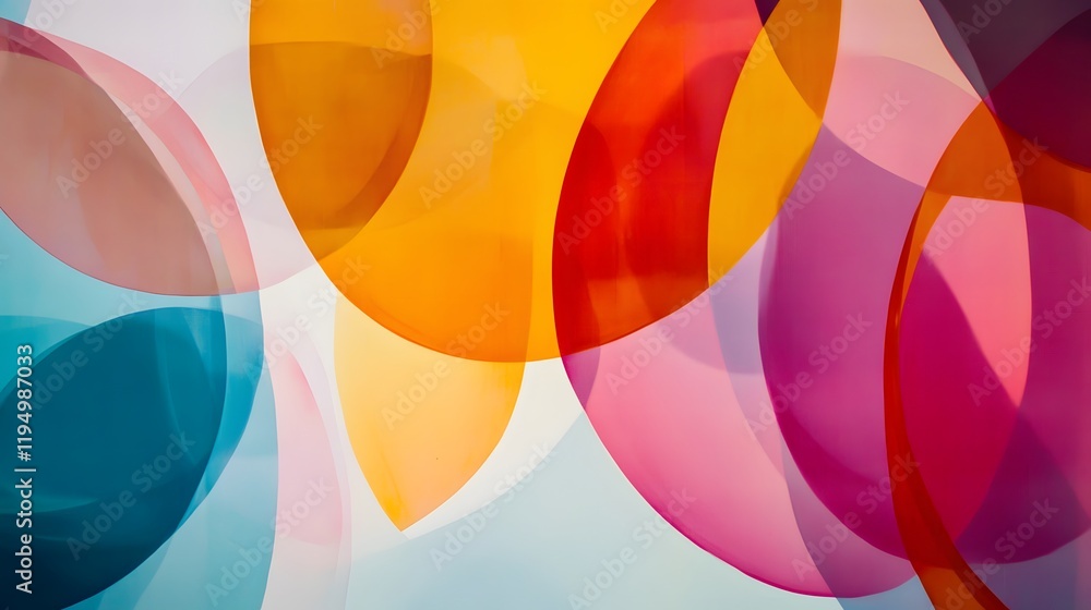 Poster vibrant abstract colorful shapes, smooth overlapping designs in various hues creating a lively and c