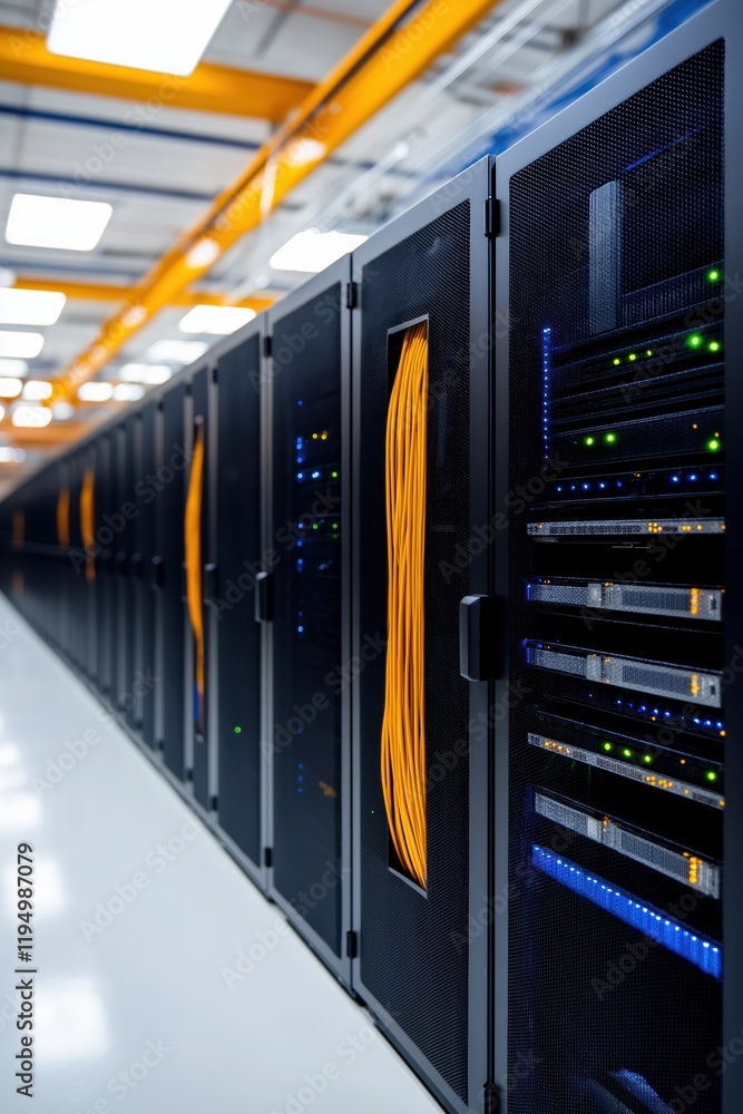 Aufkleber a row of computer servers with yellow cables hanging out of them. the servers are arranged in a row,