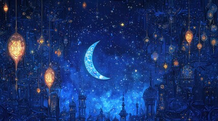Obraz premium Enchanted Night: Crescent Moon over a Mystical Cityscape