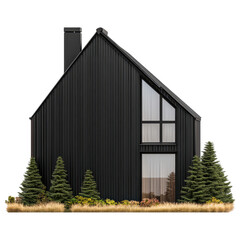 Fototapeta premium Passive House concept. Modern black house with large windows and surrounding greenery.