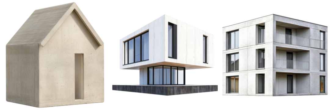 Passive House concept. Three distinct house designs showcasing modern architecture styles.