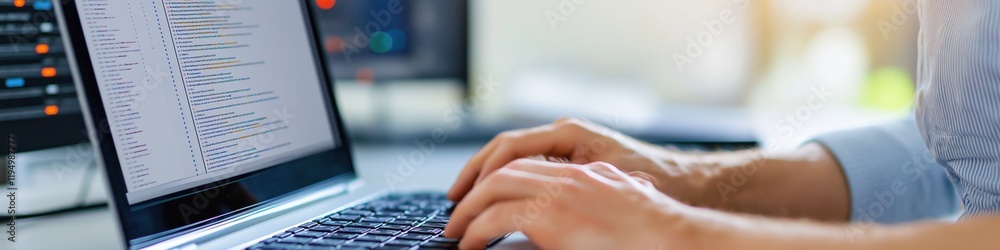 Aufkleber a man is typing on a laptop computer. the laptop screen is filled with code and the man's fingers ar