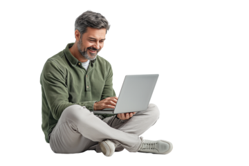 Sitting man with laptop isolated on white