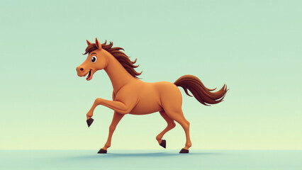 Happy cartoon horse trots joyfully against a soft pastel background in a playful animation style