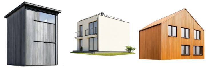 Passive House concept. Three modern houses showcasing diverse architectural styles.