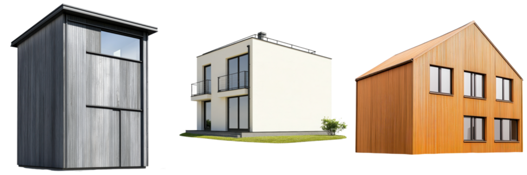 Passive House concept. Three modern houses showcasing diverse architectural styles.