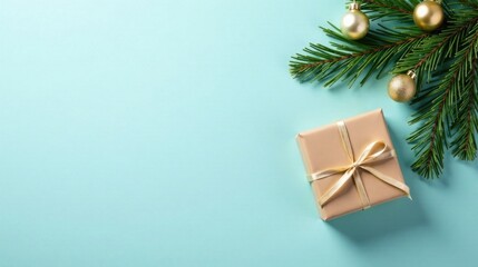 A simple beige gift box with a gold ribbon sits next to a pine branch adorned with gold ornaments on a light teal background, perfect for festive holiday greetings.
