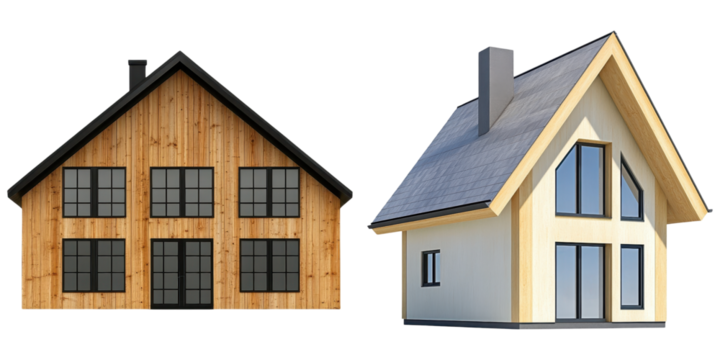 Passive House concept. Two contrasting house designs, one wooden and one modern.