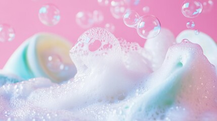 Close-Up Macro Photo of Soap Foam and Bubbles on a Pink Background: Banner with Copy Space for Laundry, Cleaning Services, Beauty, and Skin Care Concepts