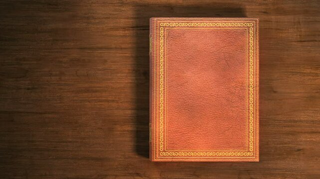 Leather covered book with ornaments lying on the table. Book opening with turning pages. Includes Mate for Transition.
