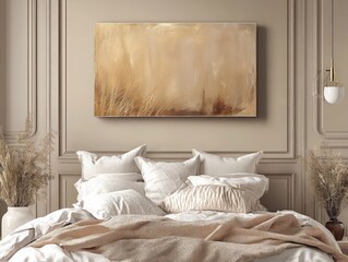 Elegant bedroom with a canvas frame mockup on a calm-toned wall with simple decor