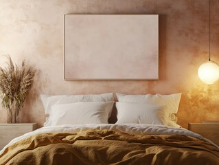 Elegant bedroom with a canvas frame mockup on a calm-toned wall with simple decor