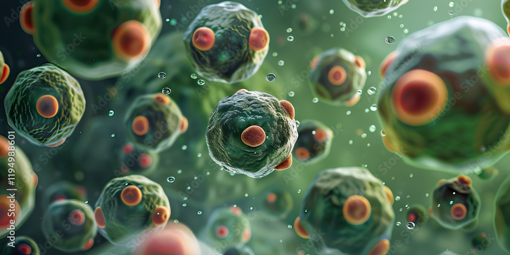 Poster microscopic rendering of spherical cells in translucent medium