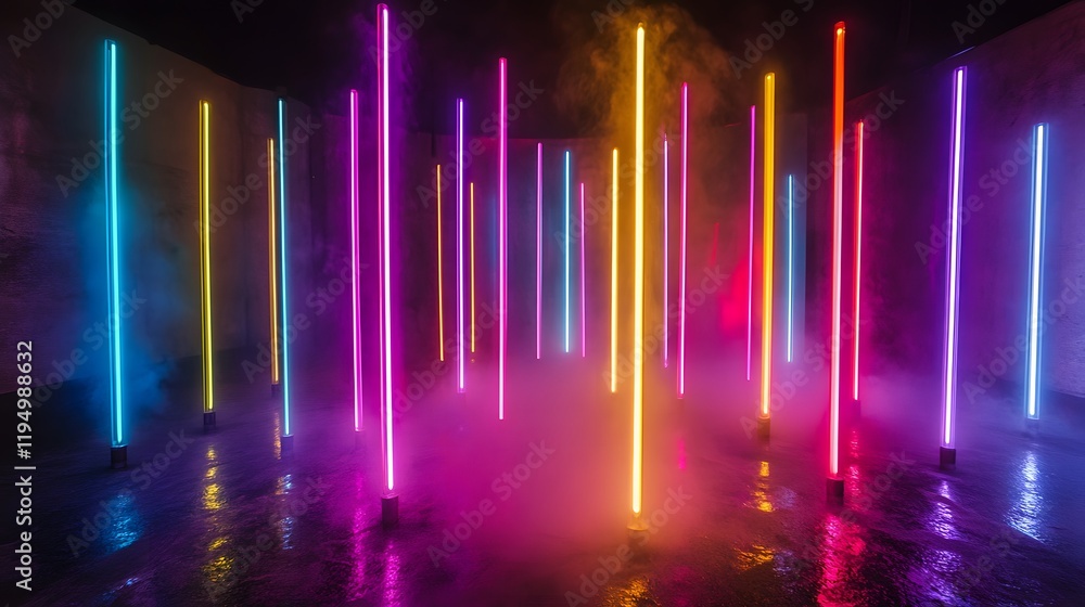 Poster colorful illuminated fountains, vibrant streams of light in varied hues creating a dynamic and festi