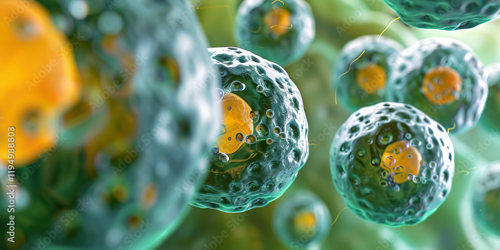 Poster microscopic image of multiple cells with yellow nuclei
