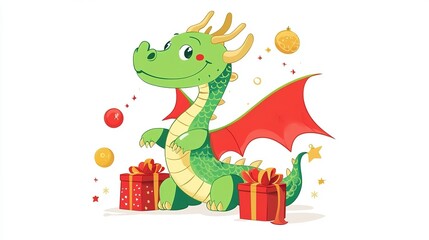 Fototapeta premium Cute Green Dragon with Gift Box in Kids Book Illustration Style