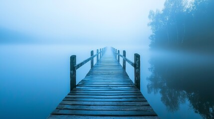 Fototapeta premium Serene Wooden Dock Stretching Into Foggy Calm Water Landscape