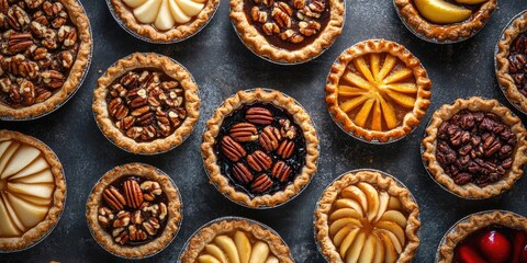 Autumn themed assortment of mini pies including pecan, apple, and pumpkin arranged in a circular pattern on a dark concrete background with bright light and shadows.