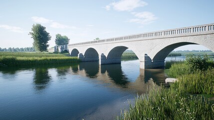 Fototapeta premium Scenic view of a stone bridge over a calm river surrounded by greenery.