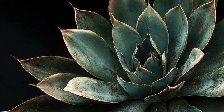 Agave colorata succulent with green leaves featuring silver edges against a dark background showcasing texture and symmetry in a top view composition