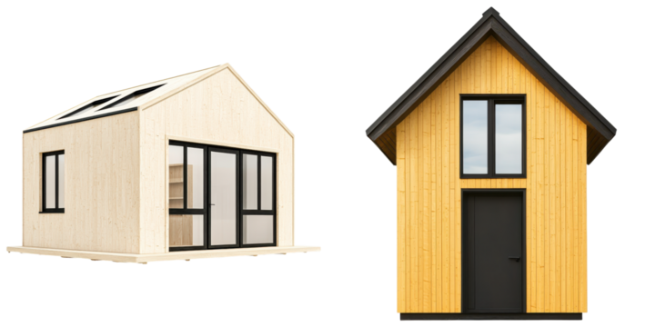 Passive House concept. Modern wooden houses with distinct designs and colors on a black background.