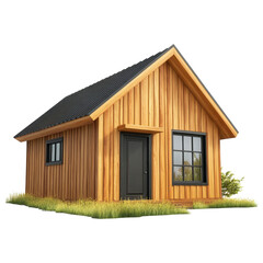 Obraz premium Passive House concept. Wooden house with a sloped roof and green grass surrounding it.