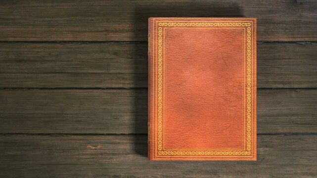 Leather covered book with ornaments lying on the table. Book opening with turning pages. Includes Mate for Transition.
