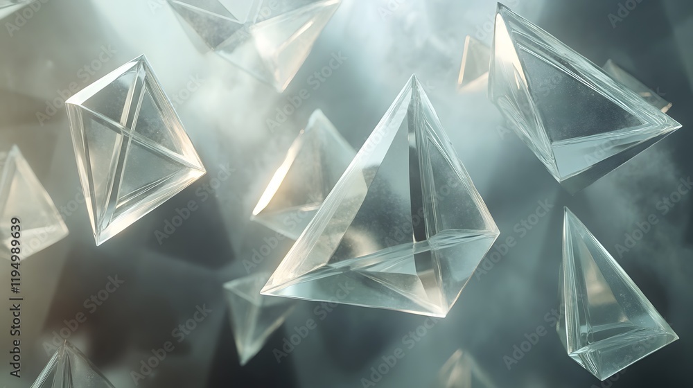 Poster abstract geometric shapes floating, translucent triangles and squares in a soft light composition, c