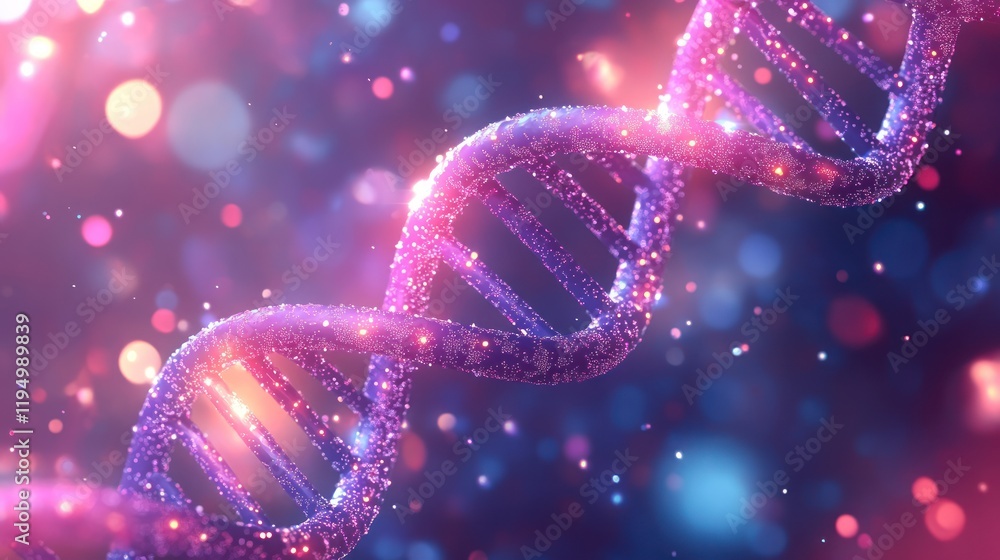 Poster glowing dna helix structure on bokeh background.