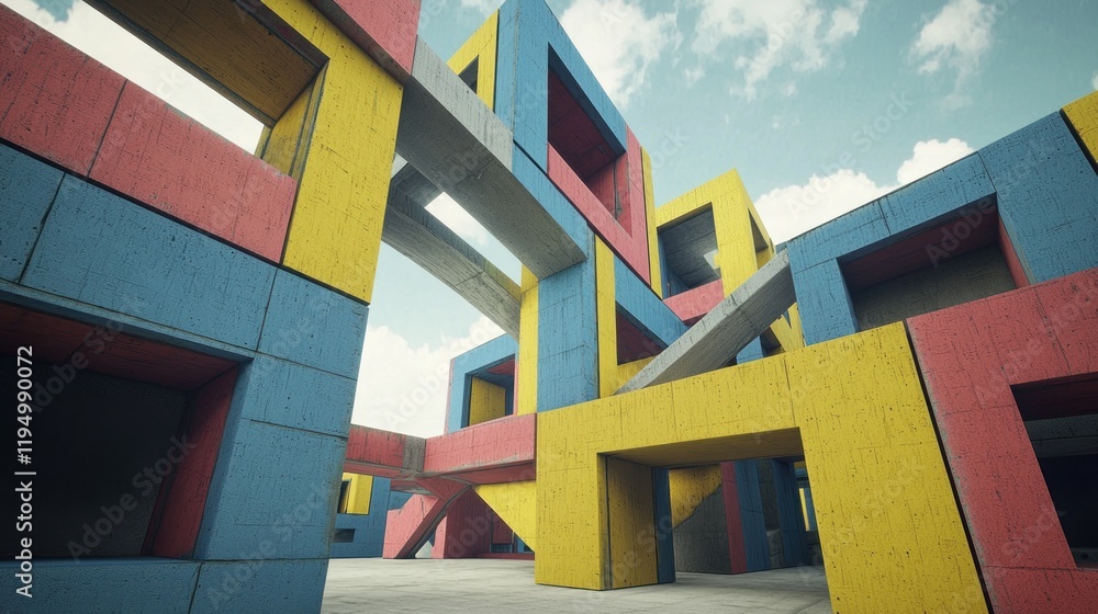 Poster abstract colorful geometric structures in a modern architectural design.
