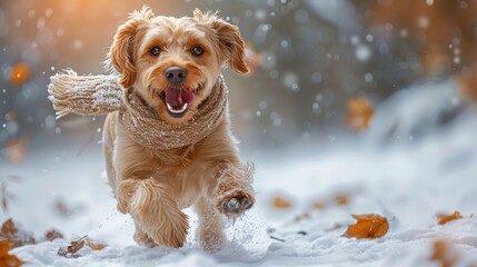 Happy dog running in winter forest. Animal concept