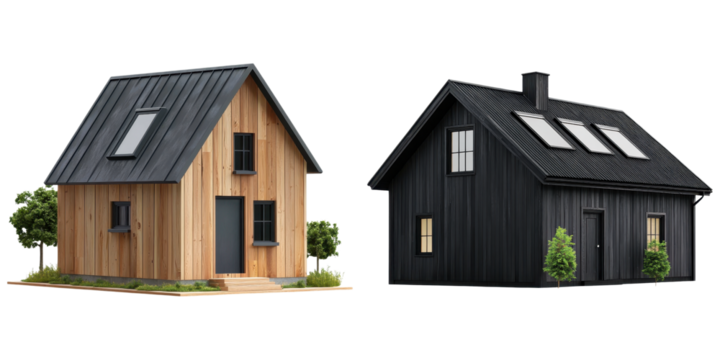 Passive House concept. Two contrasting homes: one rustic, one damaged.