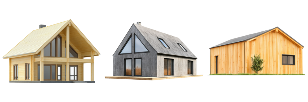 Passive House concept. Three modern houses showcasing different architectural styles.