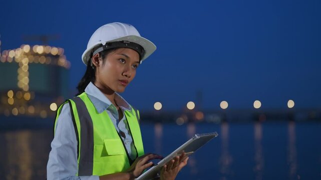Female engineer wearing a hard hat and reflective safety vest, working on a tablet at a construction site under the night sky, representing technology and modern engineering.