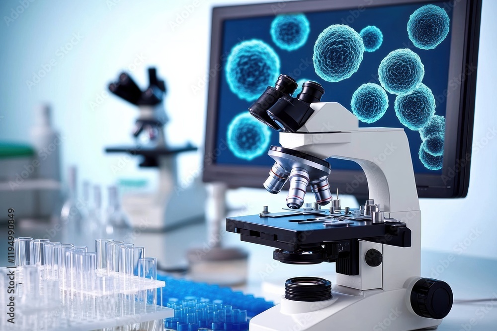 Poster laboratory setup showcasing microscopes, test tubes, and digital displays of bacterial visuals for s