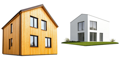 Passive House concept. Two contrasting house designs: a wooden cabin and a modern white structure.