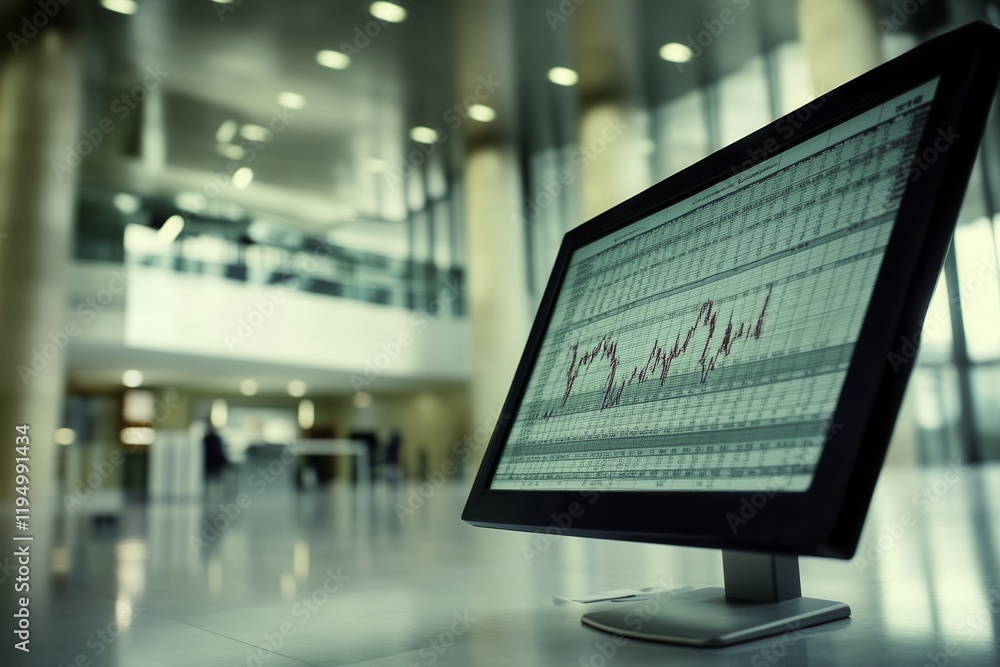 Poster financial data displayed on computer screen in office