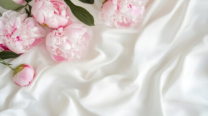 Flat Lay Banner Featuring a Bouquet of Pink Peonies on White Fabric: Spring Greeting Card Design with Copy Space for World Women's Day, Mother's Day, Valentine's Day, Birthday, and Wedding Concepts.