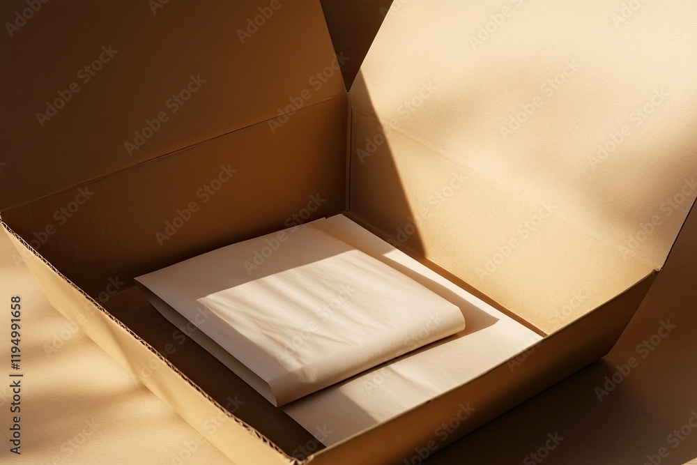 Poster empty cardboard box with soft shadows, featuring neatly folded c