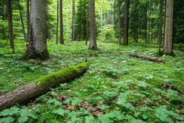 Fototapeta premium Vibrant and Lush: A Forest Replete with Healthy Green Trees, Where Ancient Spruce, Fir, and Pine Thrive