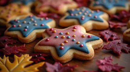 Colorful Star-Shaped Cookies with Icing and Candy Sprinkles Surrounded by Autumn Leaves on a Wooden Surface, Ideal for Seasonal Celebrations and Festive Occasions