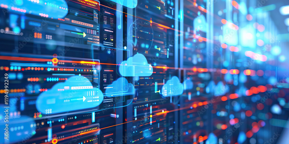 Aufkleber data flow visualization in server rack with cloud icons
