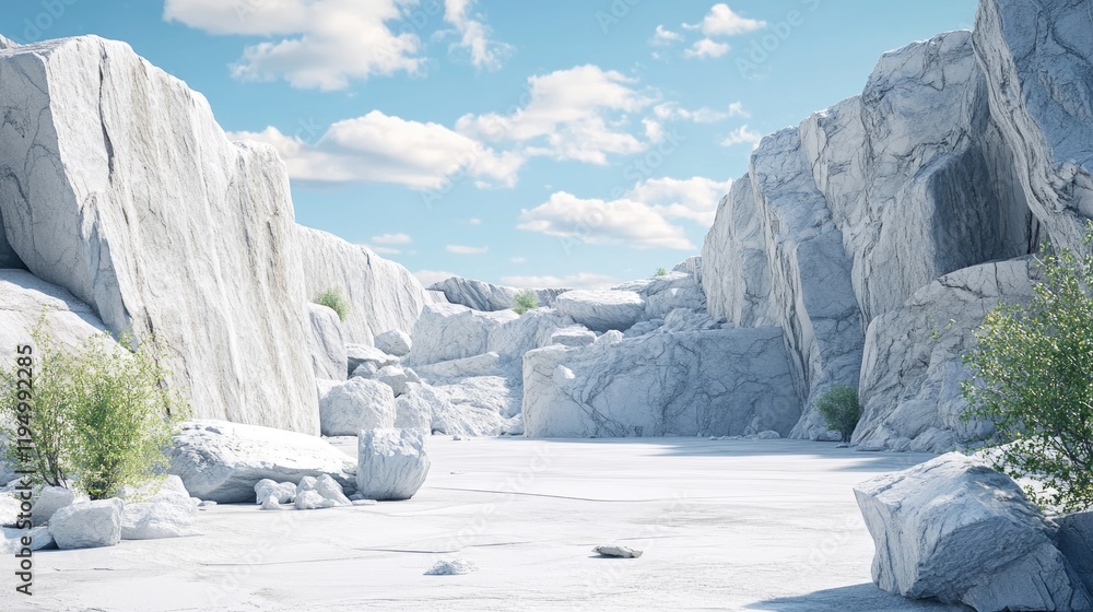 Poster A horizontal view of smooth white marble rocks in a deserted quarry, showcasing the pristine quality of marble and the quiet solitude of a quarry.