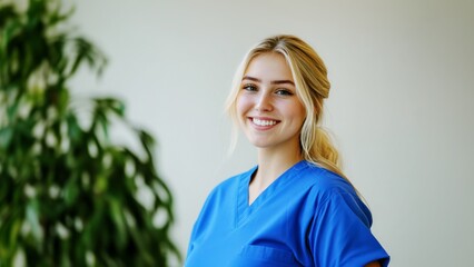 smiling young female nurse in scrubs standing in modern medical clinic, professional portrait of a healthcare worker