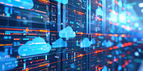 Fototapeta premium Data Flow Visualization in Server Rack with Cloud Icons