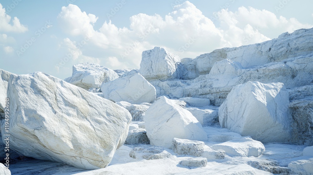Poster a horizontal view of smooth white marble rocks in a deserted quarry, showcasing the pristine quality