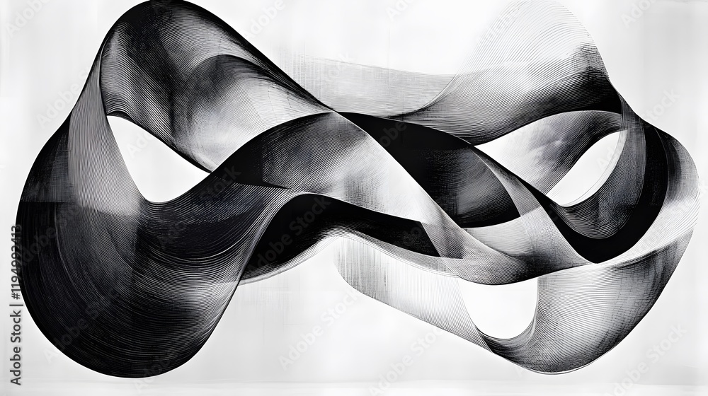 Poster abstract sculpture in monochrome tones, flowing curves and twists creating a dynamic visual effect, 