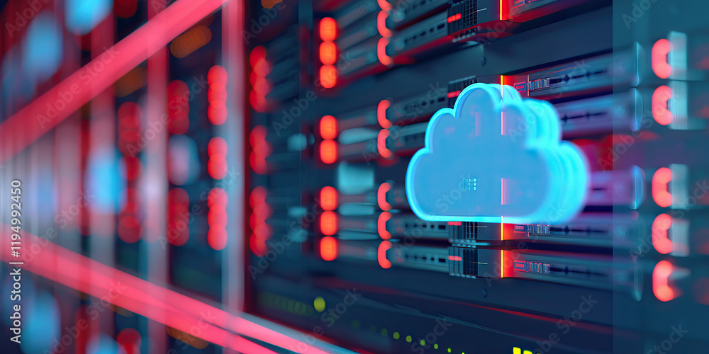 Poster server rack with cloud computing icon