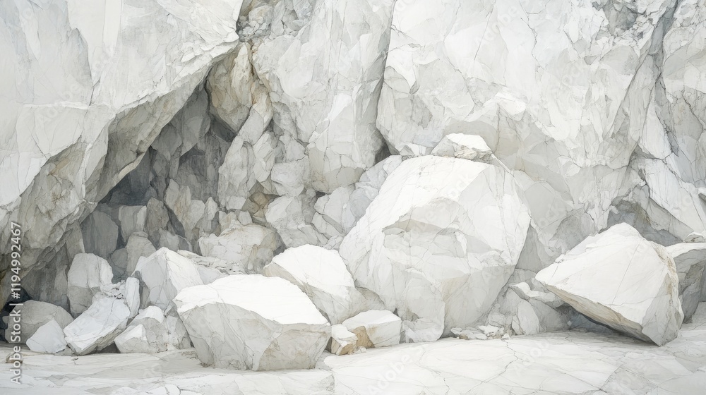 Poster A horizontal view of smooth white marble rocks in a deserted quarry, showcasing the pristine quality of marble and the quiet solitude of a quarry.