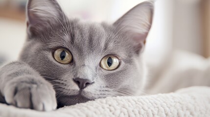 Grey Cat Close-up: A captivating portrait of a grey cat with piercing yellow eyes, looking intently at the camera with an air of curiosity and playful mischief.